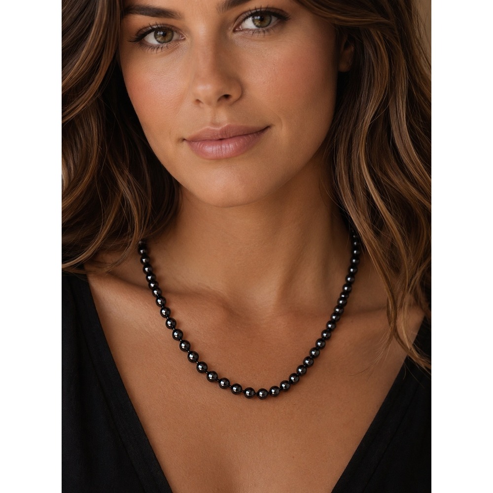 Vintage Black Faux Pearl Necklace Hand Knotted Opera Length Beaded Strand 30"